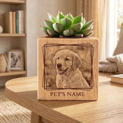 🌸Custom Pet Portrait Planter – Wood Succulent Pot with Photo