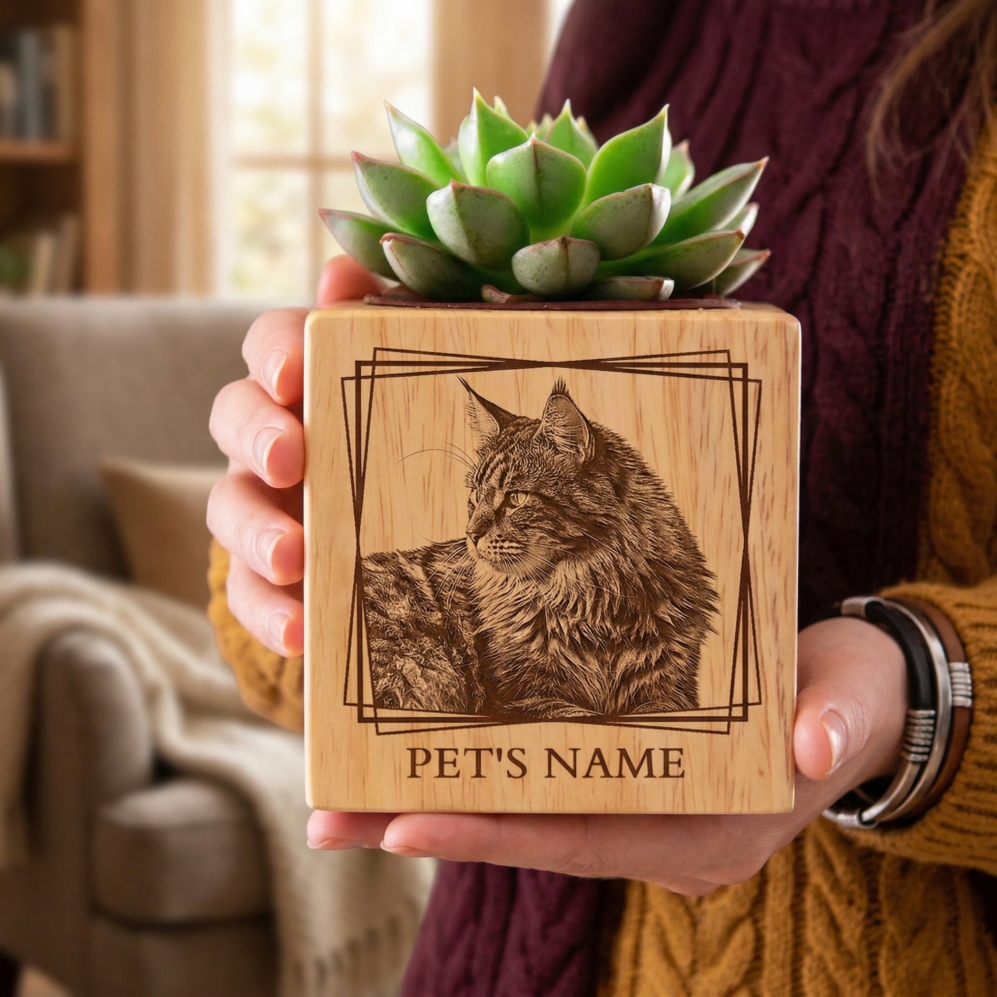 🌸Custom Pet Portrait Planter – Wood Succulent Pot with Photo