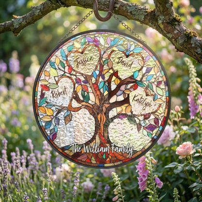 Family Unbreakable Bond Tree Of Life Personalized Stained Glass Window Hanging Suncatcher, Mother's Day Gift, Birth Flower Gifts