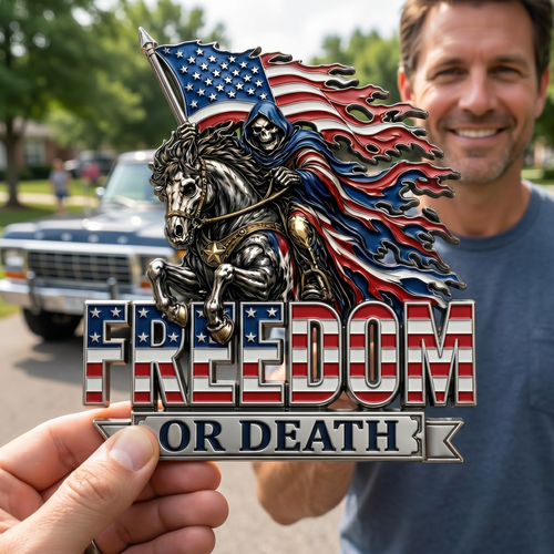 Freedom or Death Metal USA Flag Skeleton Rider Car Emblem