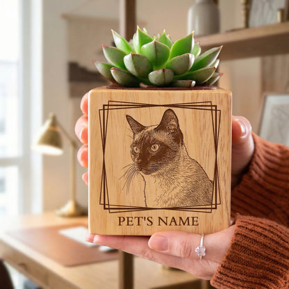 🌸Custom Pet Portrait Planter – Wood Succulent Pot with Photo