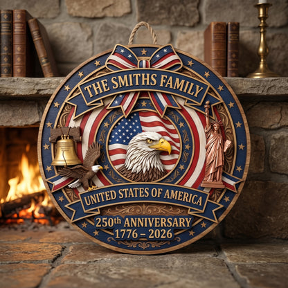 🎖️ Personalized USA 250th Anniversary Wooden Wall Sign – “A Nation’s Legacy, A Family’s Pride”