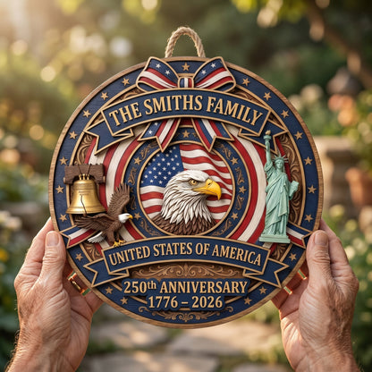 🎖️ Personalized USA 250th Anniversary Wooden Wall Sign – “A Nation’s Legacy, A Family’s Pride”