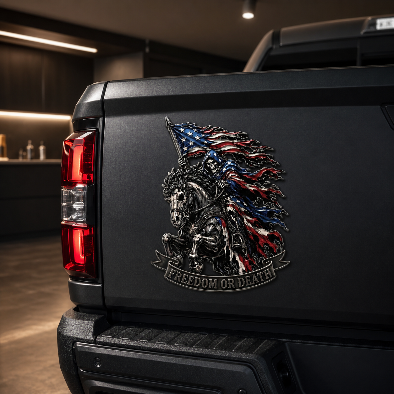☠️ "Freedom or Death" Metal USA Flag Skeleton Rider Emblem