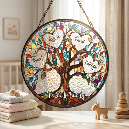 Family Unbreakable Bond Tree Of Life Personalized Stained Glass Window Hanging Suncatcher, Mother's Day Gift, Birth Flower Gifts