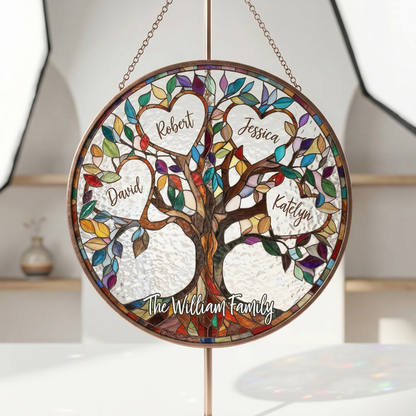 Family Unbreakable Bond Tree Of Life Personalized Stained Glass Window Hanging Suncatcher, Mother's Day Gift, Birth Flower Gifts