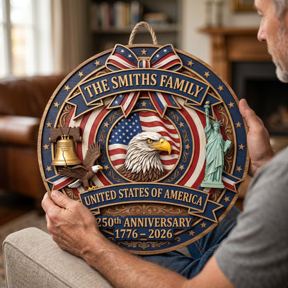 🎖️ Personalized USA 250th Anniversary Wooden Wall Sign – “A Nation’s Legacy, A Family’s Pride”