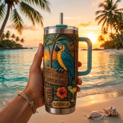 🌴 Personalized "It's 5 O'Clock Somewhere" Parrot Tumbler – Your Island Escape, In Hand 🌊🦜