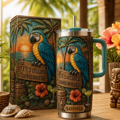 🌴 Personalized "It's 5 O'Clock Somewhere" Parrot Tumbler – Your Island Escape, In Hand 🌊🦜