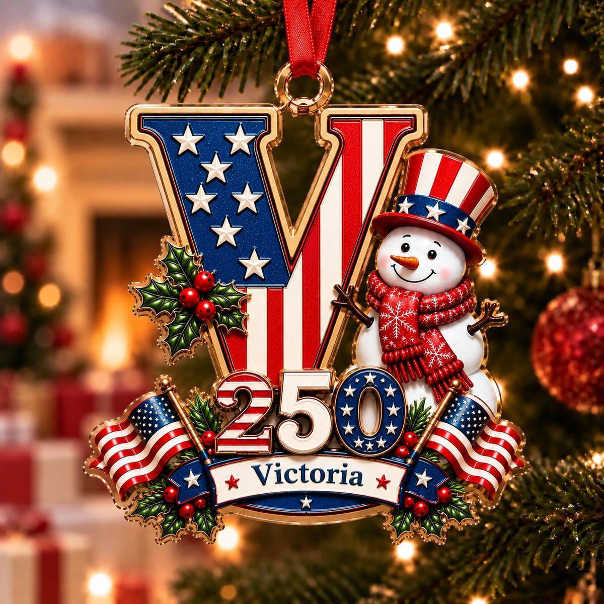 America 250 Personalized Snowman Letter Ornament – Custom Name Christmas Keepsake