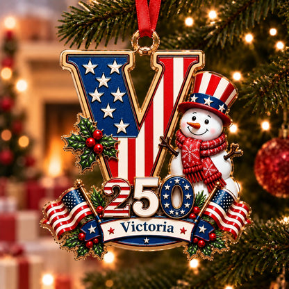 America 250 Personalized Snowman Letter Ornament – Custom Name Christmas Keepsake