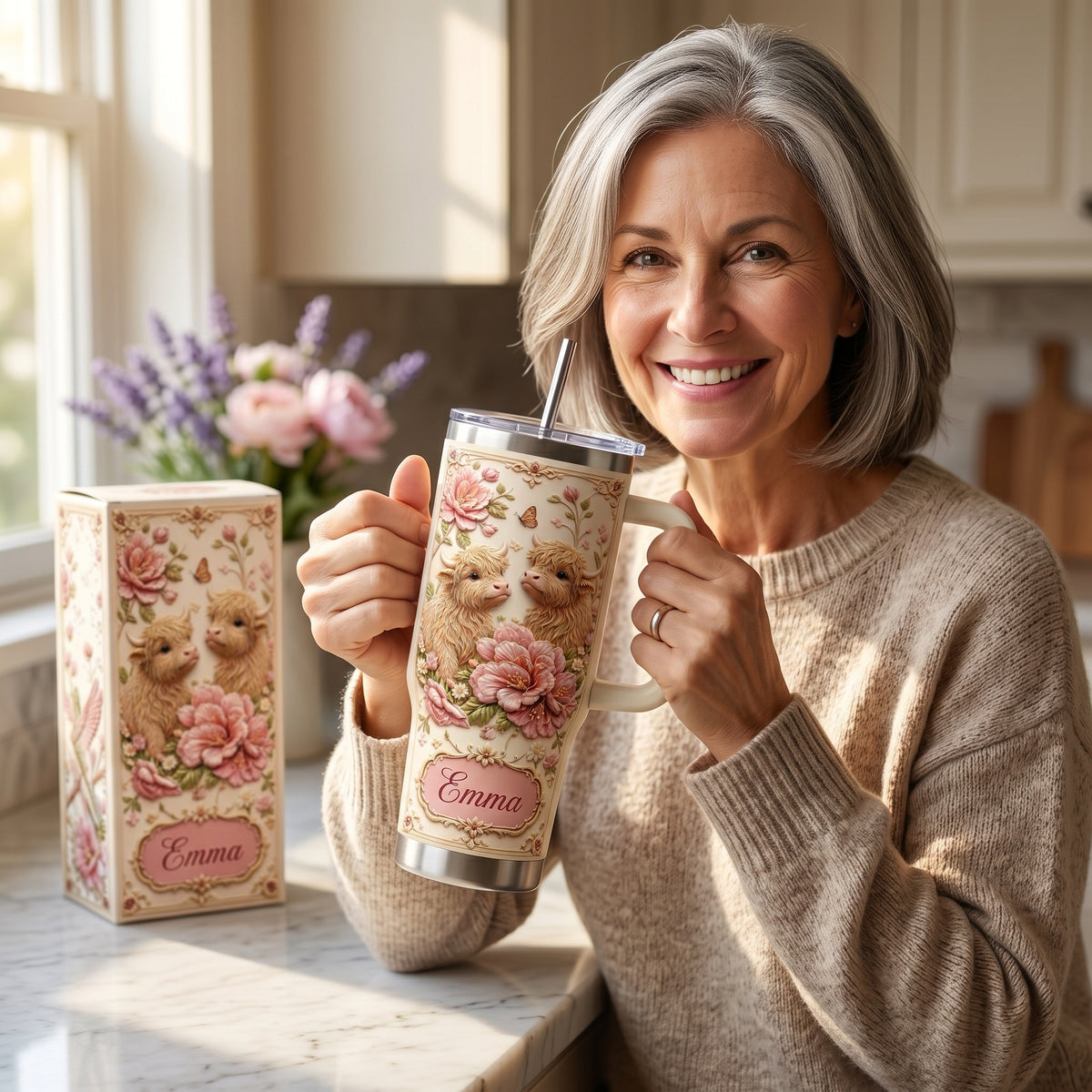 🌺✨ Personalized Highland Cow & Pink Floral Tumbler