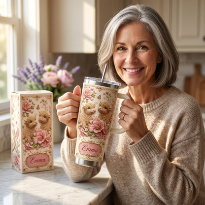 🌺✨ Personalized Highland Cow & Pink Floral Tumbler