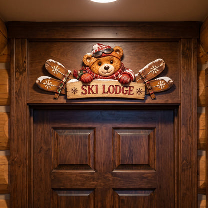 Winter Ski Lodge Door Topper – Rustic Wooden Welcome Sign