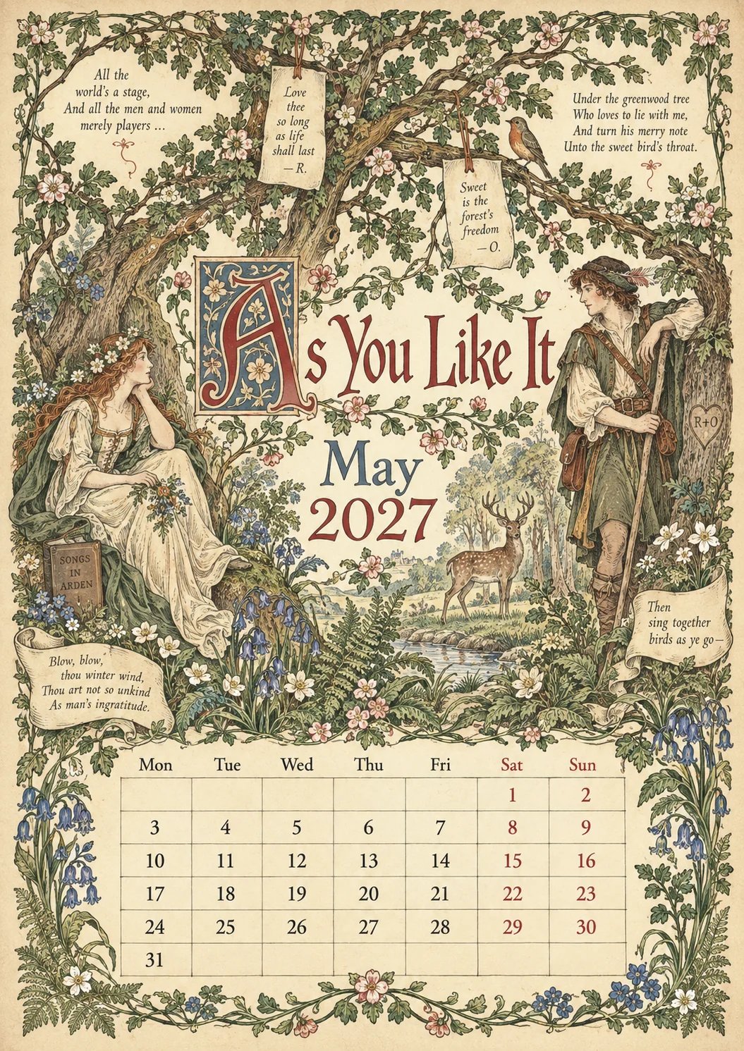 2027 Shakespearean Literary Wall Calendar –Vintage Medieval Art, 12 Months of Iconic Plays