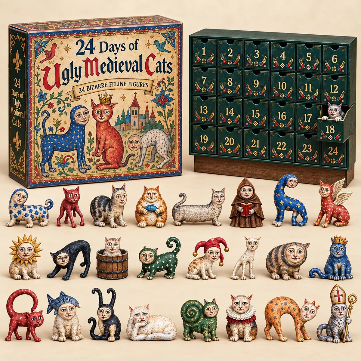 🐱 24 Days of Ugly Medieval Cats Advent Calendar – Bizarre Feline Blind Box Figures
