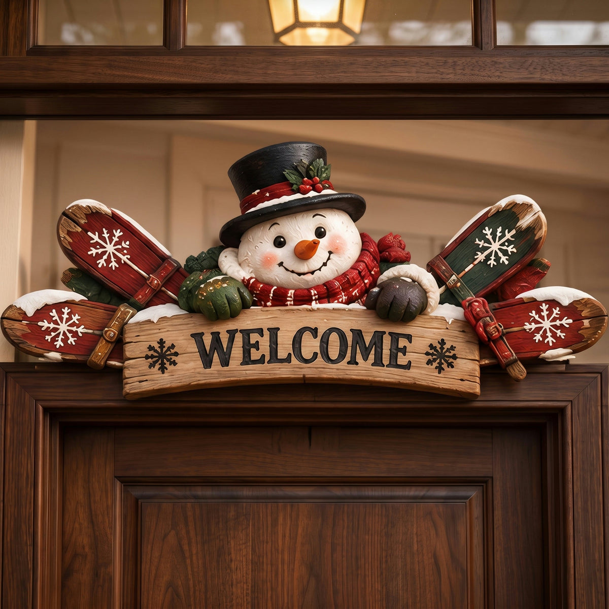 Winter Ski Lodge Door Topper – Rustic Wooden Welcome Sign