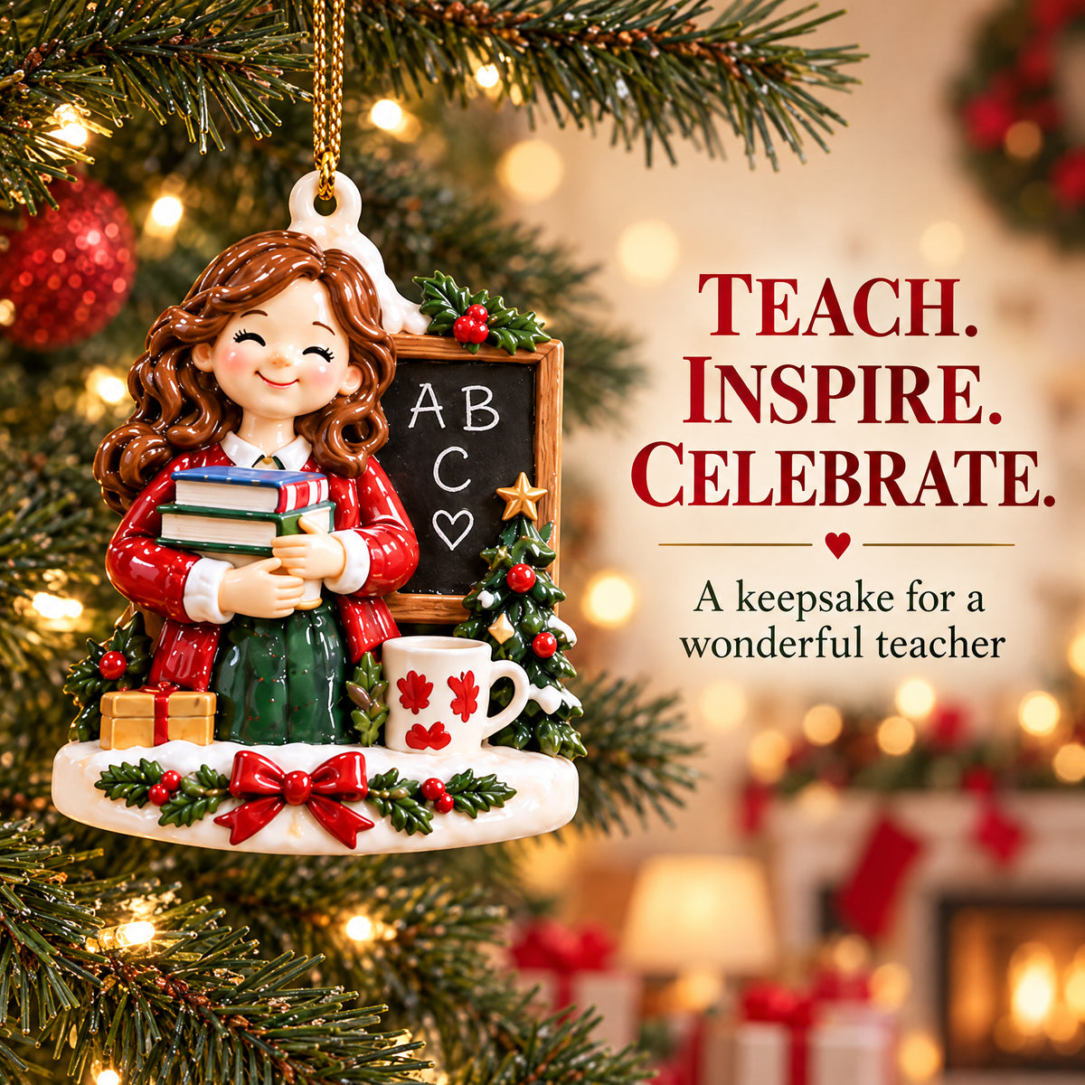 Teacher Appreciation Christmas Ornament – Rustic School-Themed Tree Decor