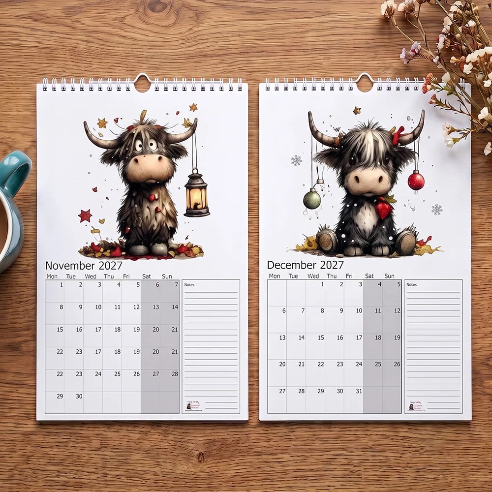 2027 Highland Cow Wall Calendar – Cute Monthly Planner Calendar, Farmhouse Animal Desk & Wall Calendar with Notes Section