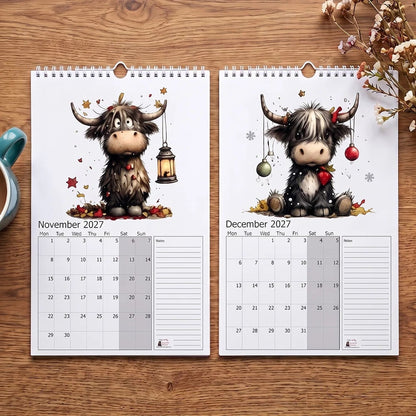 2027 Highland Cow Wall Calendar – Cute Monthly Planner Calendar, Farmhouse Animal Desk & Wall Calendar with Notes Section