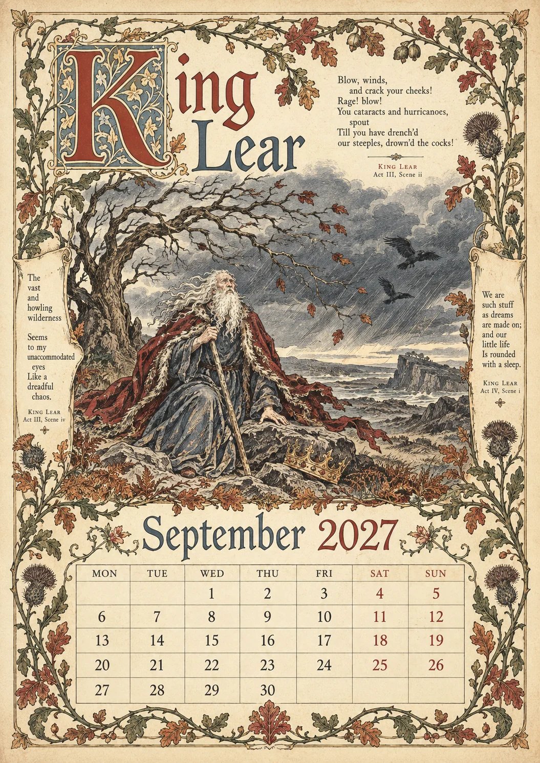 2027 Shakespearean Literary Wall Calendar –Vintage Medieval Art, 12 Months of Iconic Plays