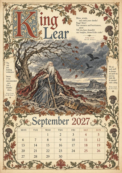 2027 Shakespearean Literary Wall Calendar –Vintage Medieval Art, 12 Months of Iconic Plays