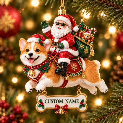🎅🐾 Personalized Santa on Dog Christmas Ornament – Custom Name Bone Tag&nbsp;