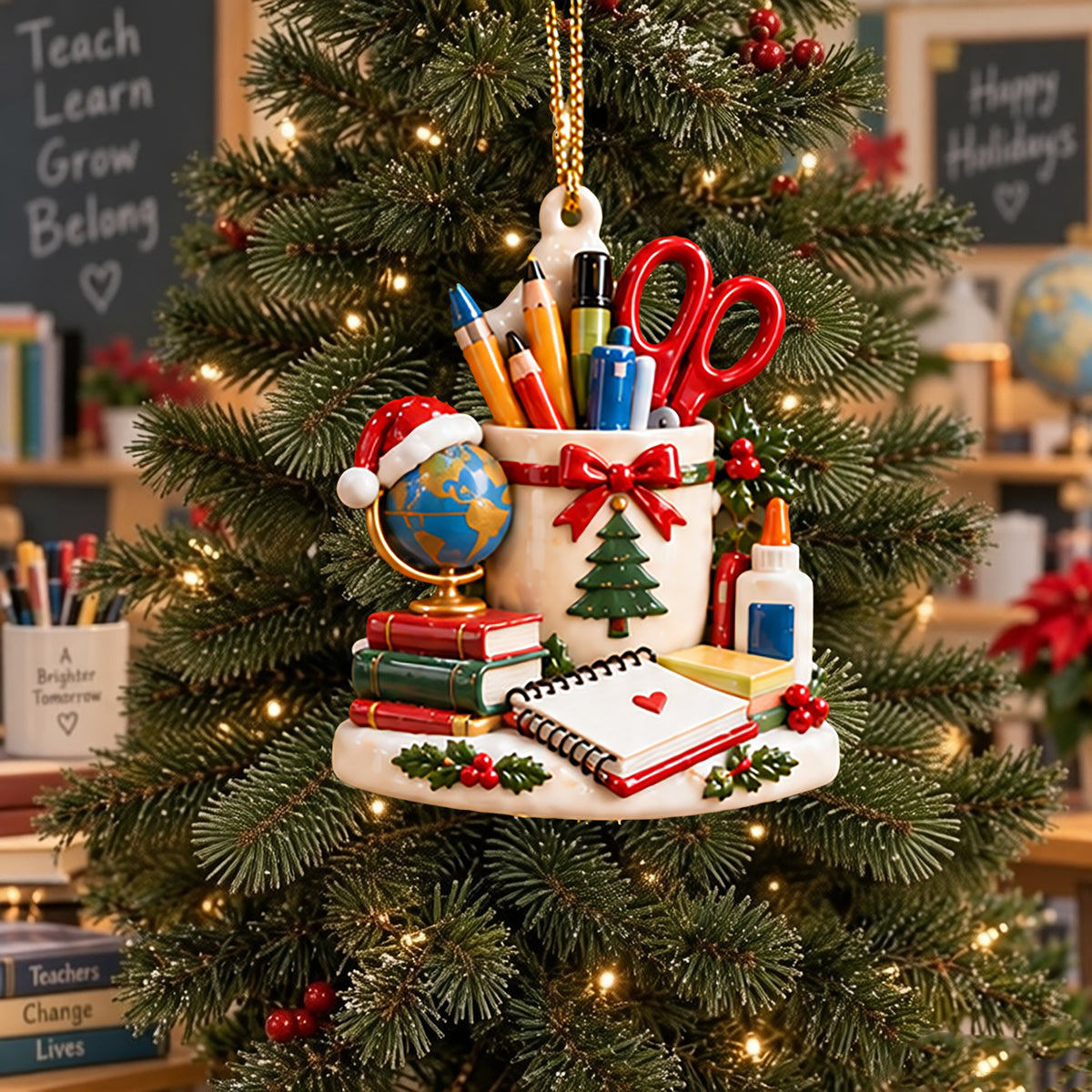 Teacher Appreciation Christmas Ornament – Rustic School-Themed Tree Decor