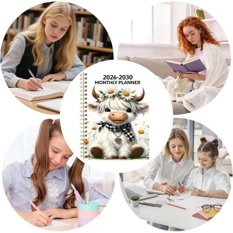 2026–2030 Monthly Planner – Cute Highland Cow Spiral Bound Calendar
