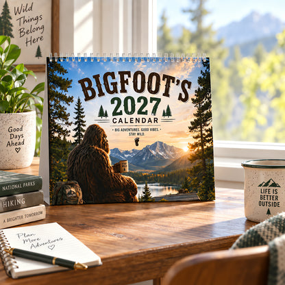 🦶 Bigfoot’s 2027 Wall Desk Calendar – Big Adventures. Good Vibes. Stay Wild.