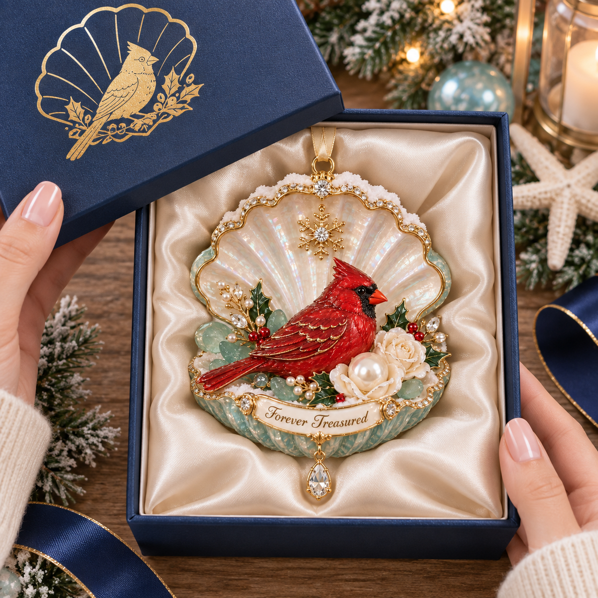 Coastal Cardinal Christmas Memorial Ornament Set
