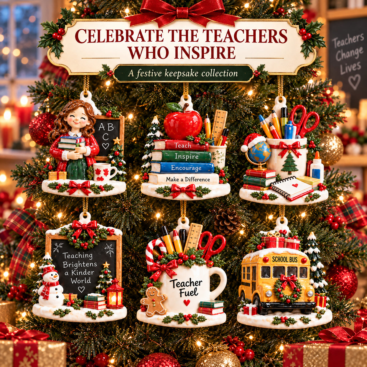 Teacher Appreciation Christmas Ornament – Rustic School-Themed Tree Decor