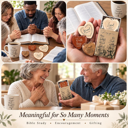 Christian Pocket Heart Gift Set - 12 Faith-Inspired Wooden Hearts with Individually Boxed Keepsakes
