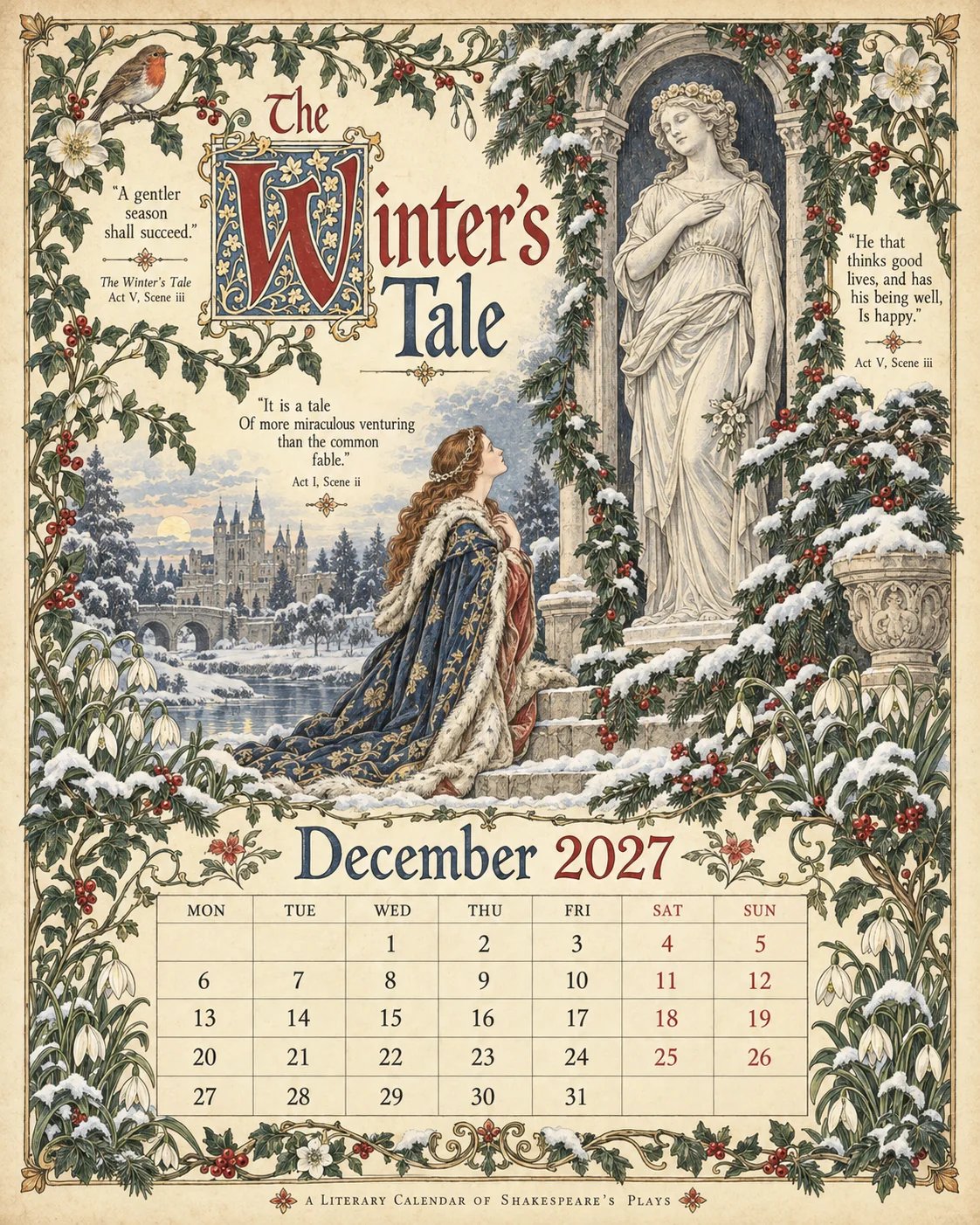 2027 Shakespearean Literary Wall Calendar –Vintage Medieval Art, 12 Months of Iconic Plays