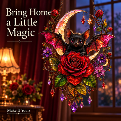 🦇 Gothic Bat & Crimson Rose Moon Suncatcher