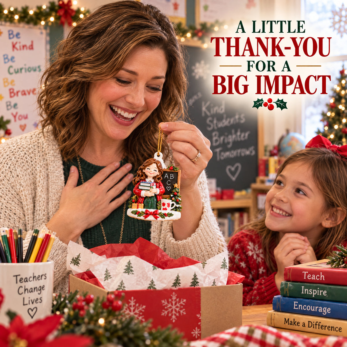 Teacher Appreciation Christmas Ornament – Rustic School-Themed Tree Decor