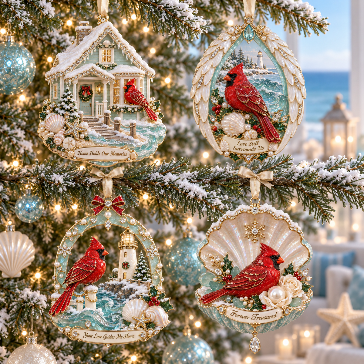 Coastal Cardinal Christmas Memorial Ornament Set
