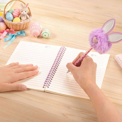 Personalized Happy Easter Cute Rabbit Spiral Notebook and Pom Puff Pen Set with Lined Pages and Name Easter Birthday Gift for Boys Girls