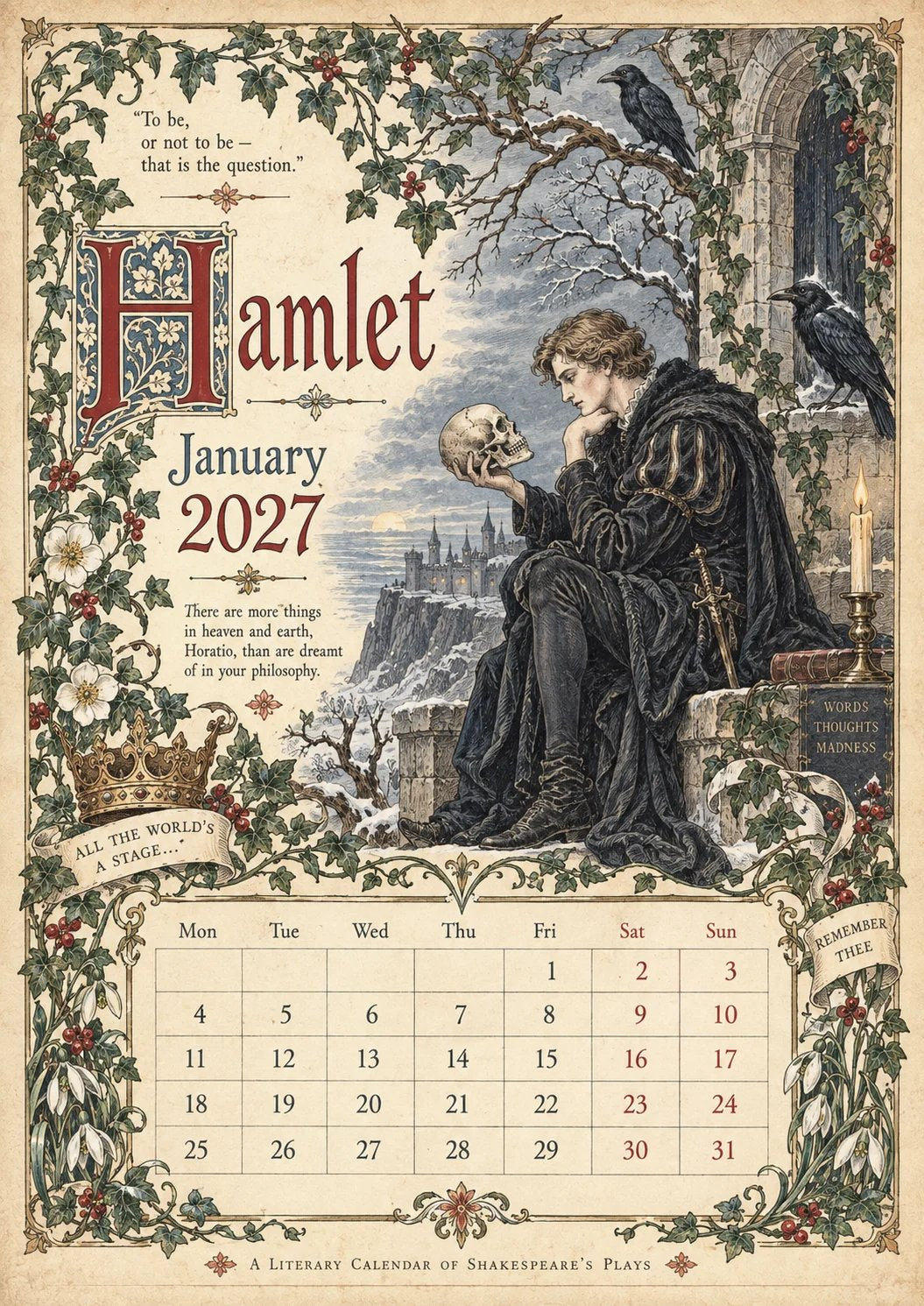 2027 Shakespearean Literary Wall Calendar –Vintage Medieval Art, 12 Months of Iconic Plays