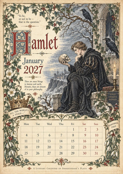 2027 Shakespearean Literary Wall Calendar –Vintage Medieval Art, 12 Months of Iconic Plays