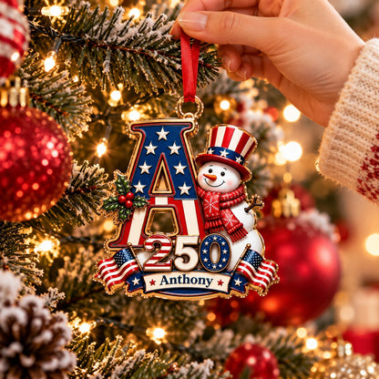 America 250 Personalized Snowman Letter Ornament – Custom Name Christmas Keepsake
