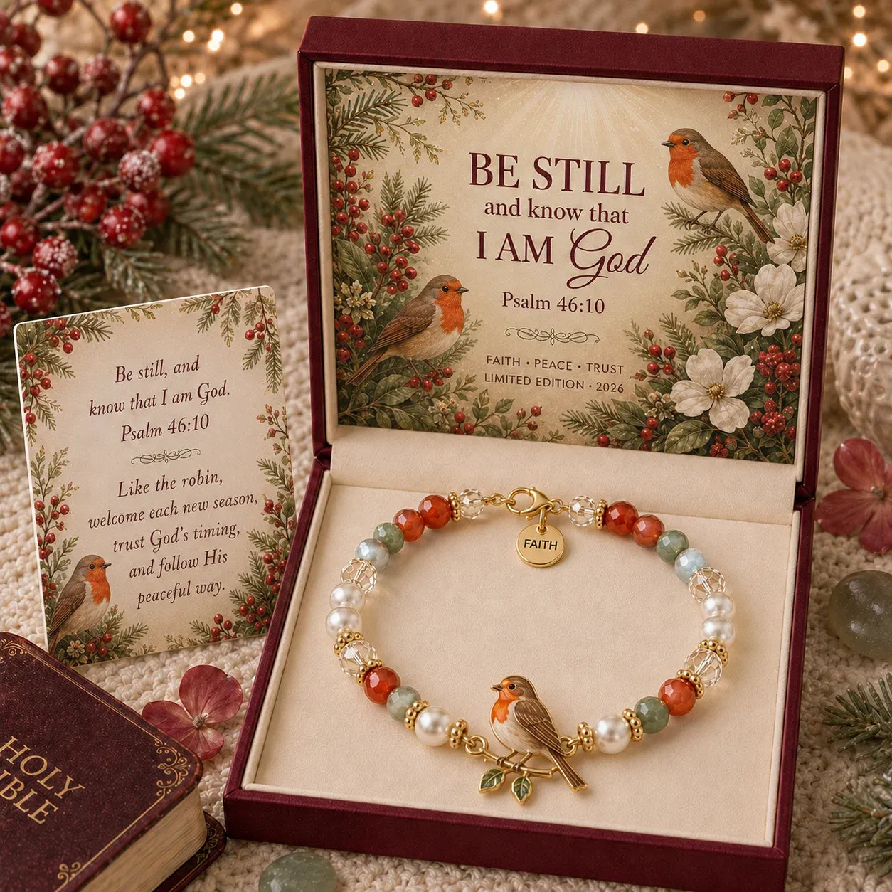 ✝️ Psalm 46:10 Faith Bracelet | Limited Edition 2026 Christian Jewelry with 7 Meaningful Nature Symbols, Gemstone-Style Beads & Scripture Gift Box