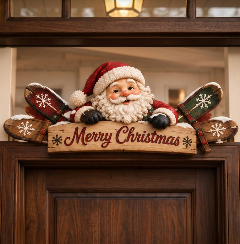 Winter Ski Lodge Door Topper – Rustic Wooden Welcome Sign