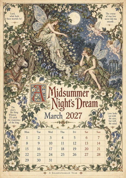 2027 Shakespearean Literary Wall Calendar –Vintage Medieval Art, 12 Months of Iconic Plays
