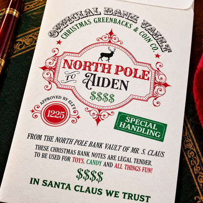 💵 Personalized North Pole Bank Vault Cash Holder – Official Santa Cash Envelope