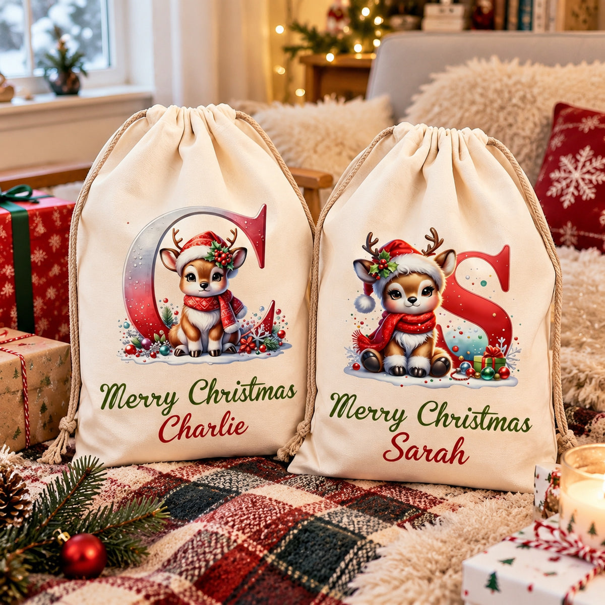 🎁🦌Personalized Christmas Reindeer Santa Sack