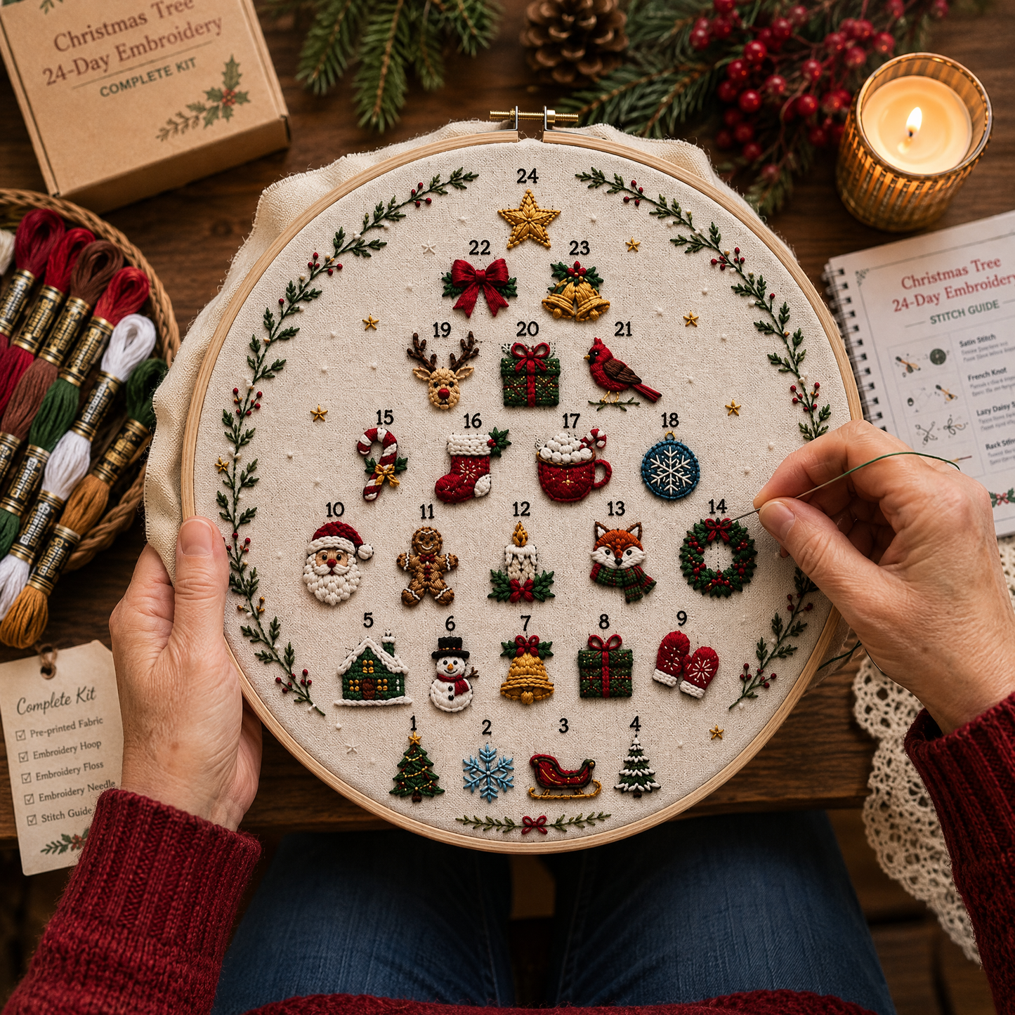 🎄Beginner-Friendly 24-Day Christmas Tree Embroidery Kit