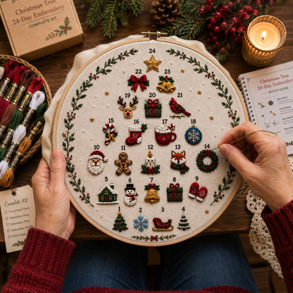 🎄Beginner-Friendly 24-Day Christmas Tree Embroidery Kit