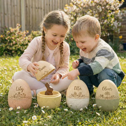Personalized Engraved Wooden Easter Egg with Custom Name, Fillable Bunny/Flower/Tree/Star Keepsake, Reusable Easter Basket Decor & Gift for Kids