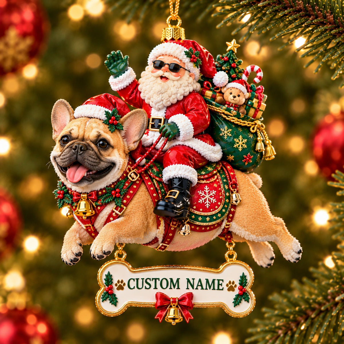 🎅🐾 Personalized Santa on Dog Christmas Ornament – Custom Name Bone Tag&nbsp;